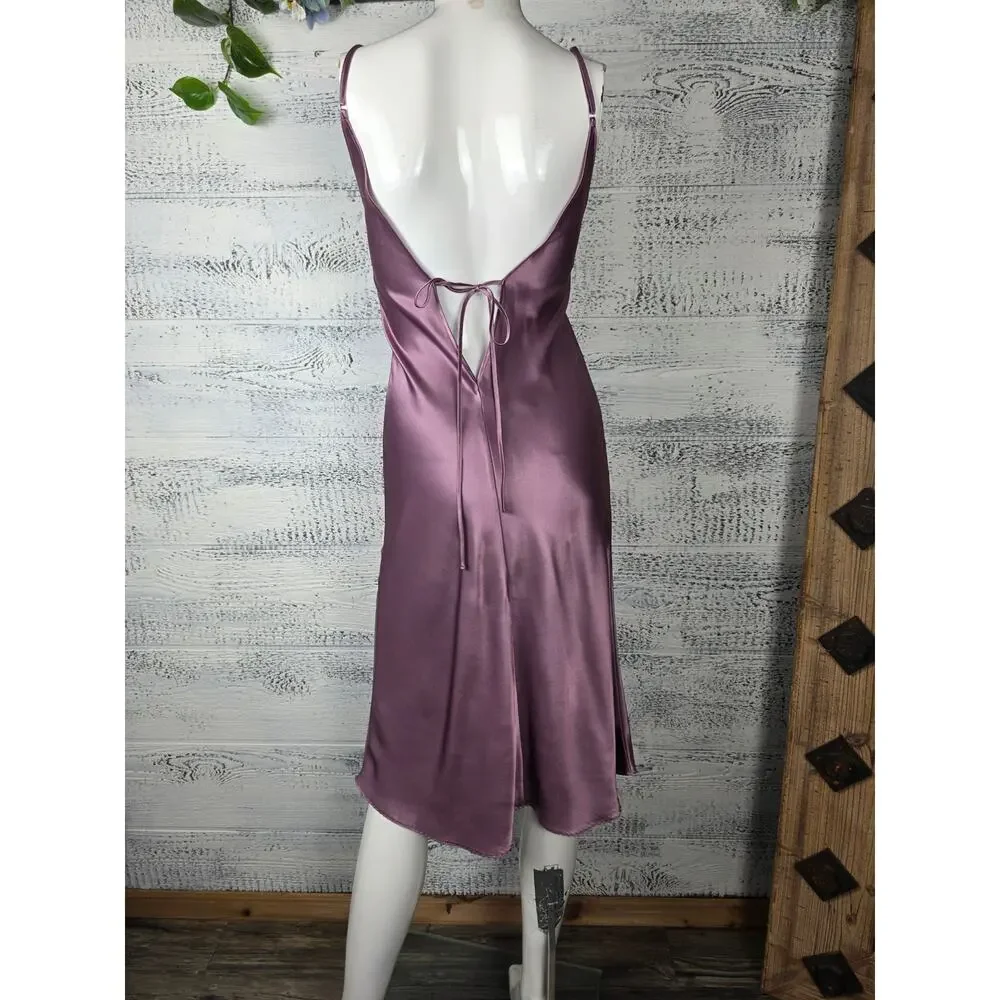 Vera Mauve Satin Lace-Up Back Midi Dress M Coquette Minimalist Slip Bridesmaid - Picture 8 of 11
